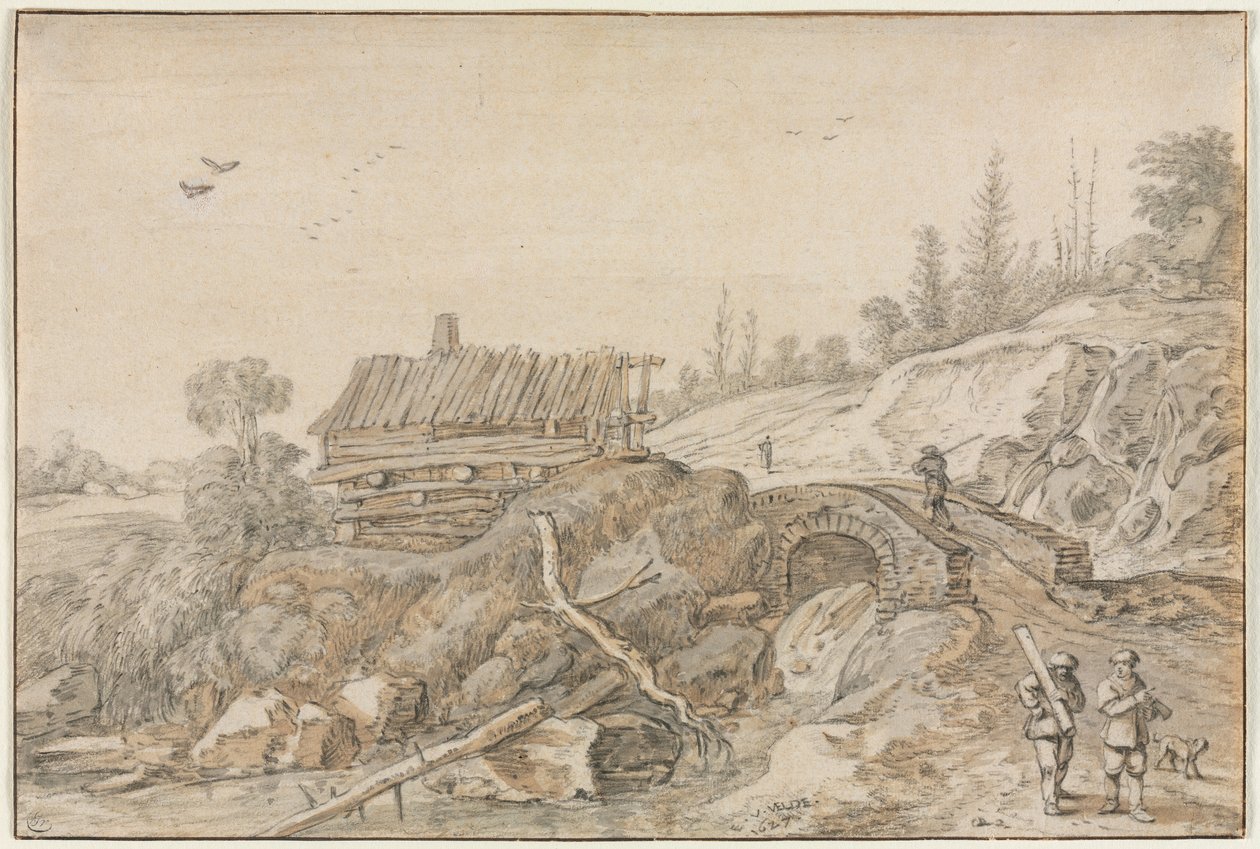 丘陵景观与溪流旁的小屋，1627年。 作者 范德维尔德埃萨亚斯