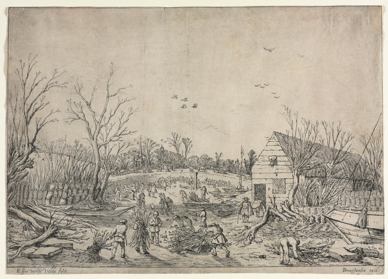 1624年1月10日的大洪水或修复莱克河上的破损堤坝，作者维安恩，1624年。 作者 范德维尔德埃萨亚斯