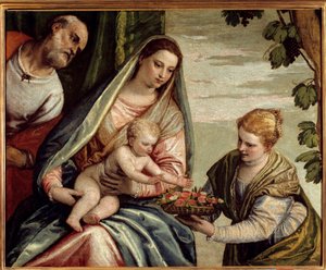 圣家族与捐赠者（圣多萝西）Paolo Veronese（1528-1588）16 世纪的绘画。 0,76x0,94 m 波尔多，Musee des Beaux Arts - 有捐赠者的神圣家族（Saint-Dorothea）。 委罗内塞 (Paolo Caliari) 的绘画 (1528-1588) 作者 委罗内塞