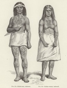 有纹身的海达族妇女和男子（雕刻）。