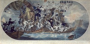 1799 年 10 月 25 日，登上并俘获国王陛下已故的船只赫敏号（现称报应号），由罗夫雕刻（彩色蚀刻） 作者 （后）榆树