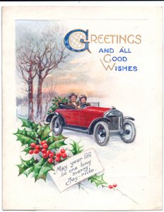 Original artwork for a Christmas card of a red car and holly, circa 1951
