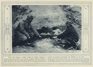 法国战壕里的老鼠尾巴一根价值一分钱！ 一名捕鼠士兵将他的战利品交给士官（黑白照片）