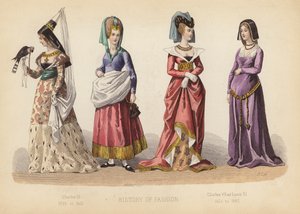 法国的时尚：查理六世 1395 年至 1422 年；查理七世和路易十一世 1422 年至 1483 年（彩色版画） 作者 （之后）法国学校