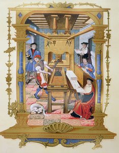 16 世纪一家印刷厂的内部，"Chants royaux sur la Conception couronnee du Puy de Rouen"（彩色石版印刷）中一幅微型画的复制品