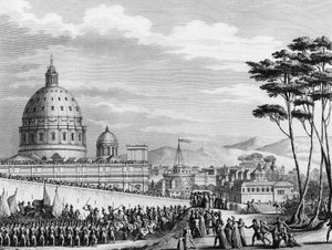 法国大革命：1798 年 2 月法国人在意大利凯旋进入罗马，由路易·亚历山大 (Louis-Alexandre) Berthier 将军率领，于 2 月 11 日入侵教皇国并占领罗马城