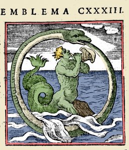 一个三叉戟和一个乌洛波洛斯，安德里亚-阿尔恰蒂的插图 "Emblemata"（Emblematum libellus）（彩色平印）。