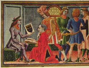 皇帝腓特烈三世接受天文学家乔瓦尼-比安奇尼的《Tabulae Astrologiae》一书（彩色石版印刷）。