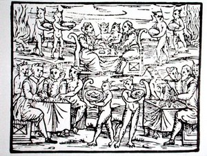 巫师的盛宴，来自米兰1608年M-Guaccius神父的 "Compendium Maleticarum "的插图副本，用于19世纪末出版的《魔法史》（木刻）。 作者 （之后）意大利学校