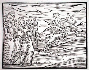 女巫骑着一只邪恶的山羊，这是1608年米兰F-Guaccius先生的《Maleticarum汇编》中的一幅插图的副本，用于19世纪末出版的《魔法史》（木刻）。