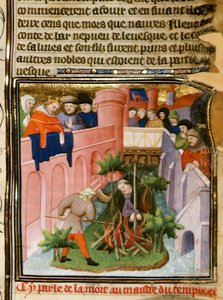 科特-尼禄 E II pt.2 fol.105 焚烧圣殿骑士团团长》，选自《Les Grandes Chroniques de France》，约 1415 年（牛皮纸）。