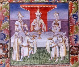 奇迹之书》("Devisement of the World", "Il Milione")中大汗餐桌上的用餐场景，手稿fr.2810(对开页136)，由Boucicaut大师放大，马可波罗写的，马可(125岁)。