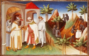 Fr 2810 f.83r, Lar国王购买珍珠，来自 "Livres des merveilles du monde "的缩影，约1410-12（牛皮纸上的蛋彩画）。