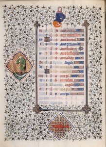由Boucicaut大师放大的手稿 "Les Tres Riches Hours du Duke Francois de Guise "中的一页：表现黄道十二宫和日常生活场景：癌症和一个拿镰刀的人。15世纪。康德博物馆，尚蒂伊 作者 （和工作坊）Boucicaut Master