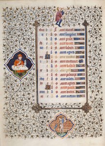 由Boucicaut大师放大的 "Les Tres Riches Hours du Duke Francois de Guise "手稿中的一页：表现黄道十二宫和日常生活场景：水瓶座和一个吃饭场景。15世纪。康德博物馆，尚蒂伊 作者 （和工作坊）Boucicaut Master