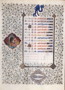 由Boucicaut大师放大的手稿 "Les Tres Riches Hours du Duke Francois de Guise "中的一页：表现了黄道十二宫和日常生活的场景：鱼和一个在烟囱前取暖的人。15世纪。缪斯 作者 （和工作坊）Boucicaut Master