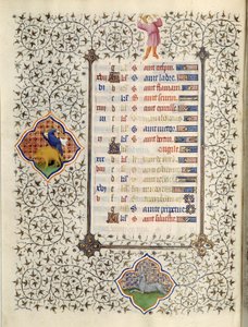 由Boucicaut大师放大的手稿 "Les Tres Riches Hours du Duke Francois de Guise "中的一页：表现黄道十二宫和日常生活的场景：摩羯座和猎杀野猪。15世纪。康德博物馆，C 作者 （和工作坊）Boucicaut Master