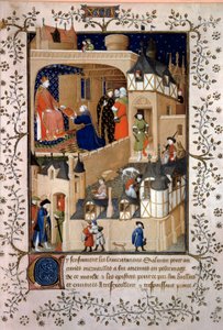 政治冒险家皮埃尔-弗里蒂尔-迪特-萨尔蒙向国王查理六世（1368-1422）提供他的手稿。皮埃尔-萨尔蒙的《查理六世的回答和哀歌》的缩影，由布西卡特先生的工作室放大（15世纪） 1409 P
