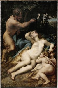 Jupiter and Antiope (or Venus with cupid and a satyr) (oil on canvas