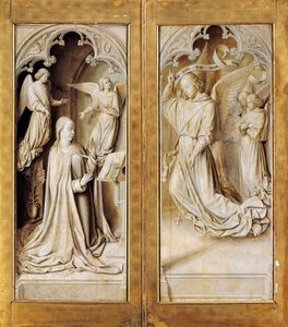 法国穆兰圣母院大教堂内穆兰大师创作的三联画祭坛画（约1489-1502年）外侧的灰度报喜（单色灰色）。 作者 (fl.c.1483 c.1529) 磨坊大师