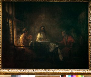 The pilgrims of Emmaus Christ appears to the pilgrims sitting at a table in an inn in Emmaus. Painting of the workshop of Harmensz van Rijn dit Rembrandt (1606-1669)
