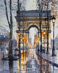 水彩画：法国巴黎冬季的香榭丽舍大街｜壁画打印 作者 法赫塔利·阿卜杜勒拉希姆