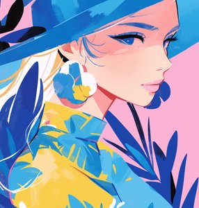 戴着帽子的优雅时尚女士简化平板 | 壁画打印 作者 法赫塔利·阿卜杜勒拉希姆