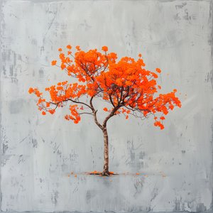 极简主义绘画：橙色树叶和灰色背景；壁画版画 作者 法赫塔利·阿卜杜勒拉希姆
