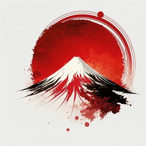 富士山绘画红色圆笔书法，帆布版画 作者 法赫塔利·阿卜杜勒拉希姆
