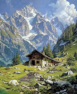 瑞士阿尔卑斯山春天的小木屋，厨房墙壁装饰 作者 法赫塔利·阿卜杜勒拉希姆