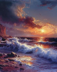 精致的海边日落波浪图，自然墙饰 作者 法赫塔利·阿卜杜勒拉希姆