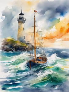 海浪中的灯塔、波浪和小船 绘画，现代墙饰 作者 法赫塔利·阿卜杜勒拉希姆