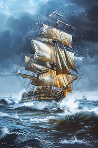 一幅油画，描绘了一艘在波涛汹涌的大海中扬起满帆的护卫舰 作者 法赫塔利·阿卜杜勒拉希姆