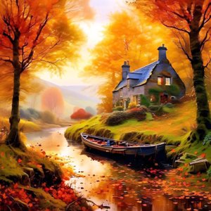 林中小屋与溪流的绘画，秋景 作者 法赫塔利·阿卜杜勒拉希姆