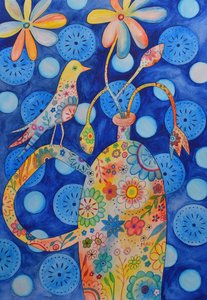 花瓶上的小鸟 作者 玛丽的水彩画