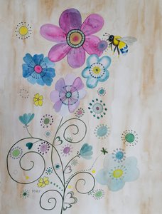 蜜蜂和它们的花朵 作者 玛丽的水彩画