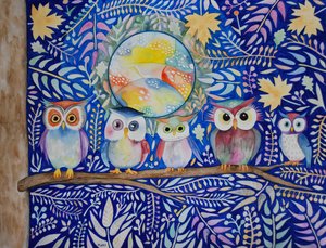 夜晚的猫头鹰 作者 玛丽的水彩画