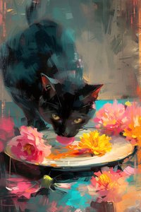 黑猫在花盘上用餐，印象派绘画，在线艺术打印 作者 法赫塔利·阿卜杜勒拉希姆