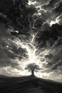 漆黑的夜晚和明亮的月光 史诗电影般的戏剧性风暴云和一棵树，墙饰 作者 法赫塔利·阿卜杜勒拉希姆