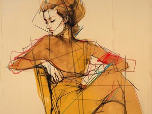 女性坐姿的时尚插画和素描，优雅的棕色连衣裙肖像，艺术版画 作者 法赫塔利·阿卜杜勒拉希姆
