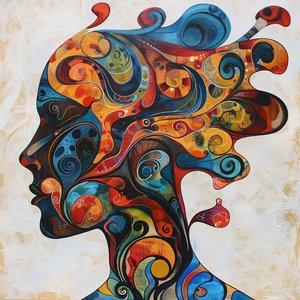 女人的剪影，彩色头发和漩涡，大型帆布打印画 作者 法赫塔利·阿卜杜勒拉希姆