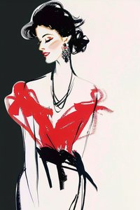 巴黎时装周, 红黑连衣裙, René Gruau 风格, 法国女士摆姿势化妆 作者 法赫塔利·阿卜杜勒拉希姆