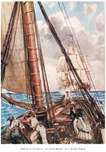 英国护卫舰捕获奴隶贩子 "La Jeune Estelle "号，插图选自《黄金贸易之地》，杰克出版社 1921 年出版（彩色石版印刷）。 作者 麦克林托克