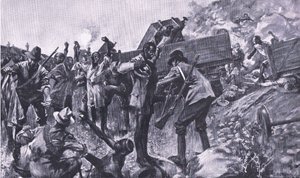 Taaibosch附近火车的破坏，来自比勒陀利亚之后：游击战争由Harmsworth Bros Limited出版，1901年