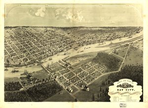 密歇根州海湾市、朴茨茅斯、韦诺娜和萨尔茨堡的鸟瞰图，1867 年。LOC 73693424 作者 一个;芝加哥平版印刷公司鲁格