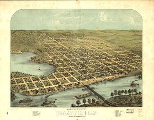 明尼苏达州达科他州黑斯廷斯市鸟瞰图，1867 年。LOC 73693453