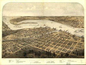 1867 年密歇根州休伦港、萨尼亚和圣克莱尔郡格拉蒂奥特市以及加拿大兰顿郡爱德华岬的鸟瞰图。LOC 73693443