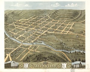 1871 年宾夕法尼亚州克劳福德县泰特斯维尔市鸟瞰图。LOC 73694524 作者 一个;芝加哥平版印刷公司鲁格