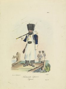 军士，1820-1825 年
荷兰步兵。Sapeur（物品上的标题）
荷兰王国的军服。献给比兰特的威廉阁下（文物上的系列名称）