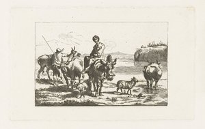 风景与牧羊女骑着骡子和牧羊人与牛 作者 Nicolaes Pietersz Berchem (可能)